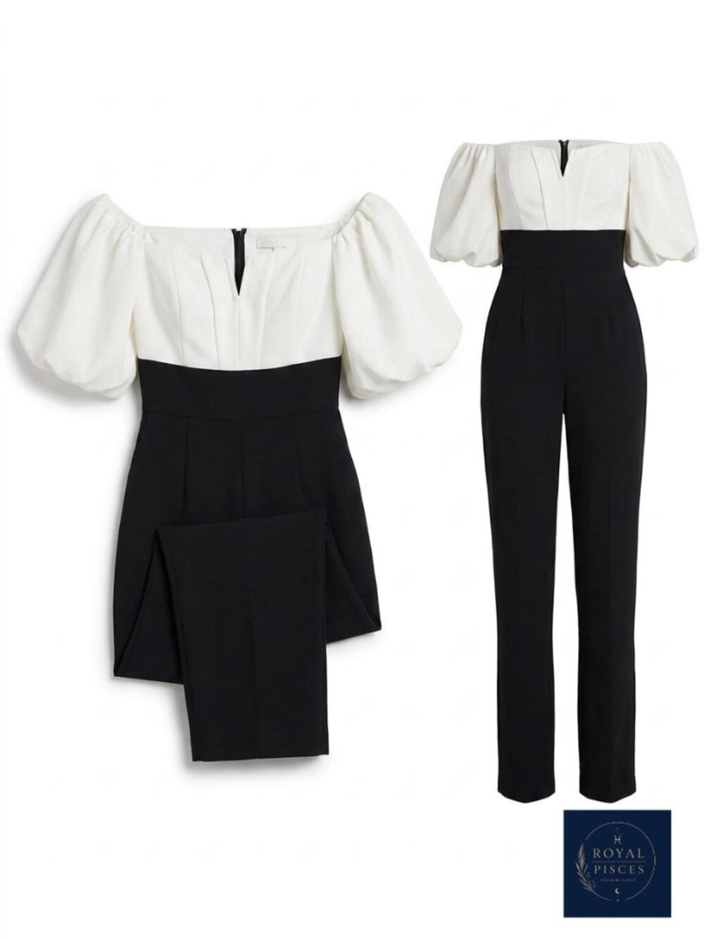 Off-Shoulder Two-Tone Jumpsuit in Off-White and Black